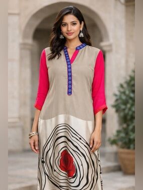 Elegant Beige Pink Kurti Tunic Dress Women’s Medium Ethnic Indian Pakistani Wear